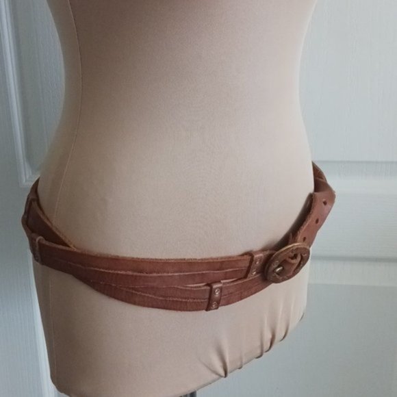 Vtg Unique Genuine Leather Double Hips Studded Belt Brown SZ. M-L